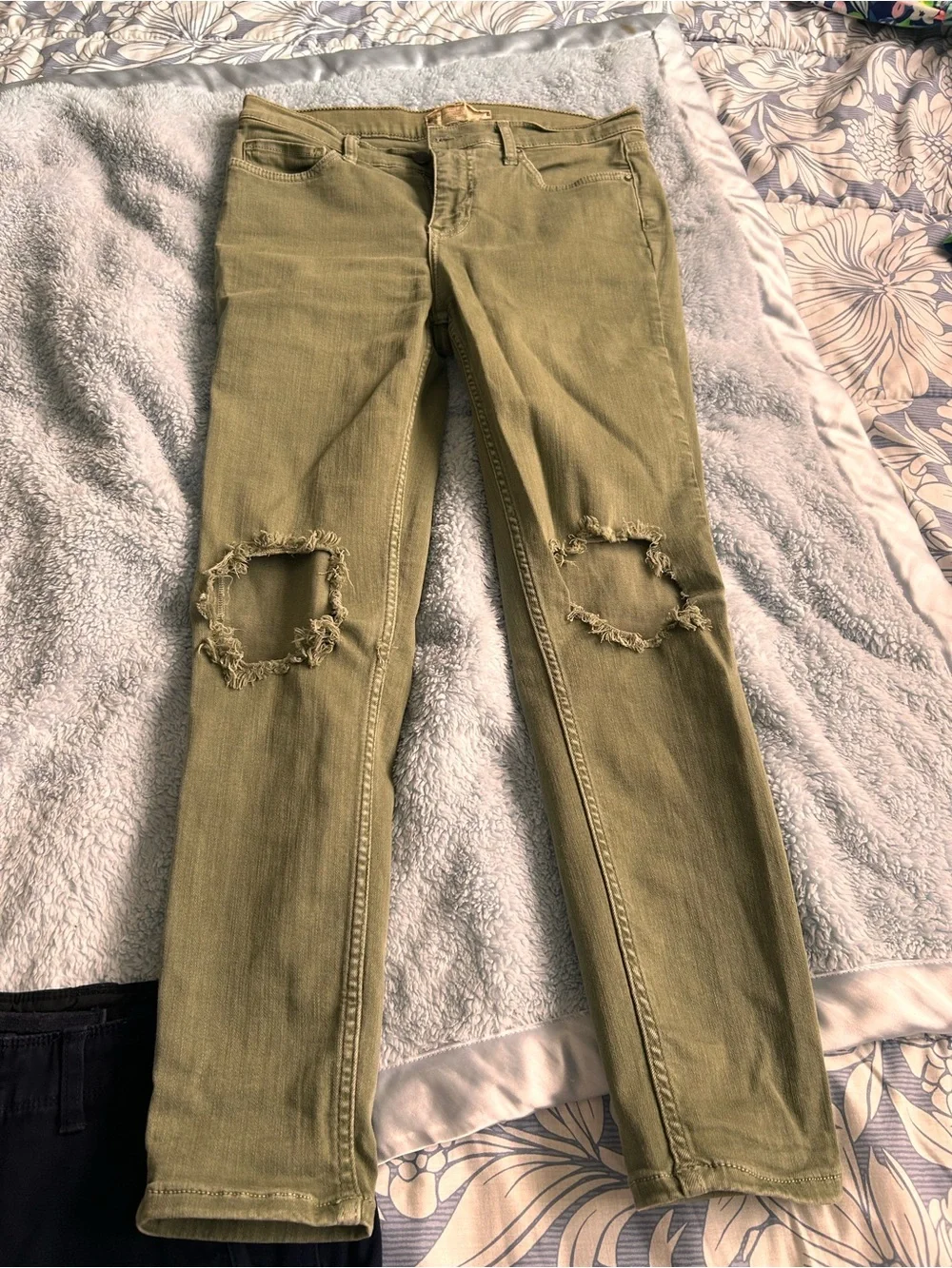 Free People Olive Green Distressed High-Rise Skinny Jeans